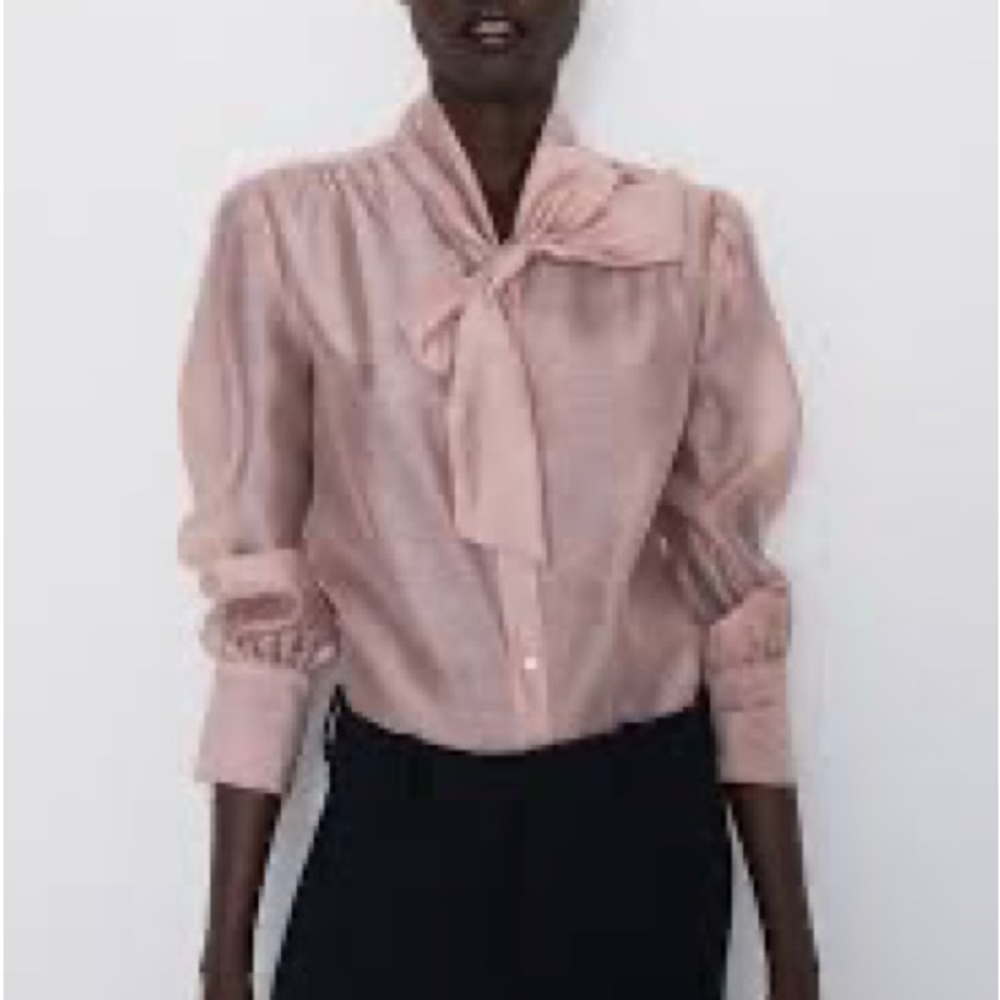 Nude organza blouse with bow at neckline - Picture 2 of 3